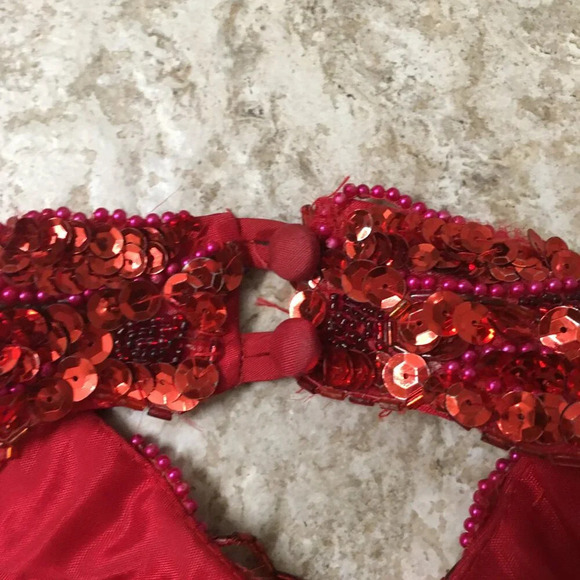 LA GLO Red Sequin Beaded Mini Dress Halter Neck Women's Size 7/8 Festive Dress - Picture 9 of 14